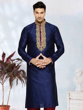Navy Blue Embroidered Silk Kurta Top For Men